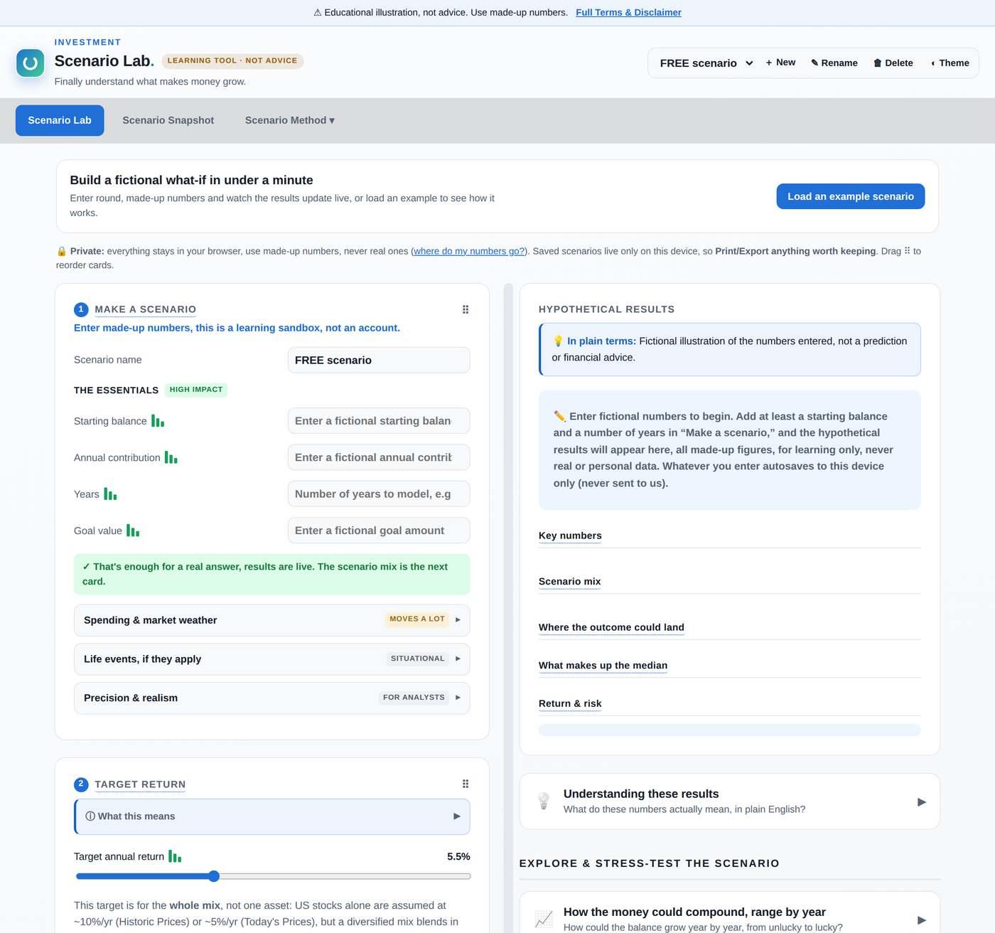 The July build: a two-column workspace with inputs on the left and live results on the right
