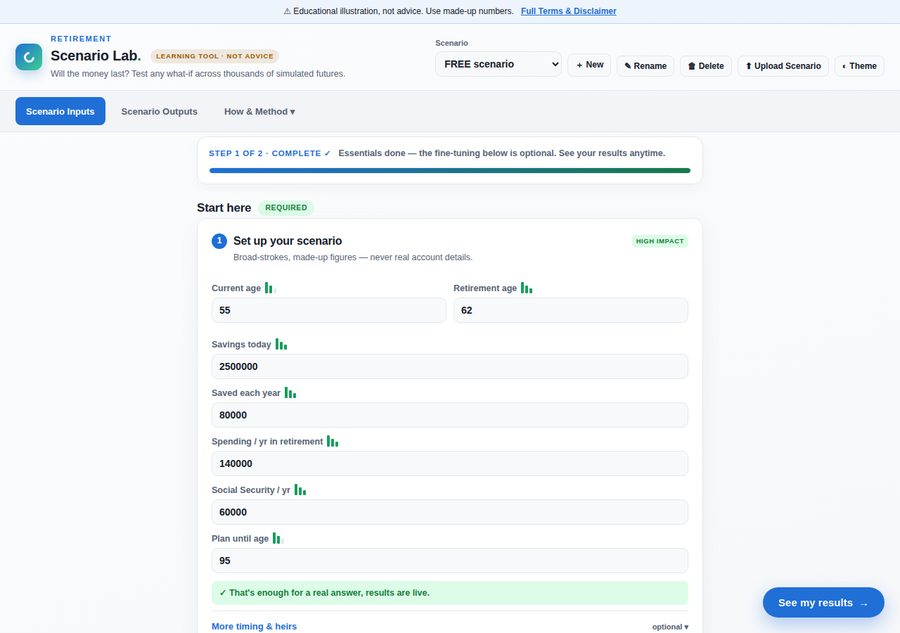 The Scenario Inputs page, a progressive form with required fields first and fine-tuning collapsed